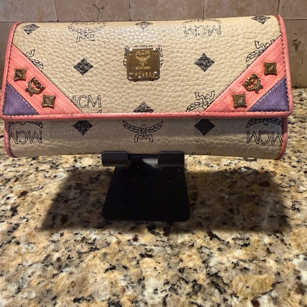 MCM Logo Studs Leather Trifold Long wallet